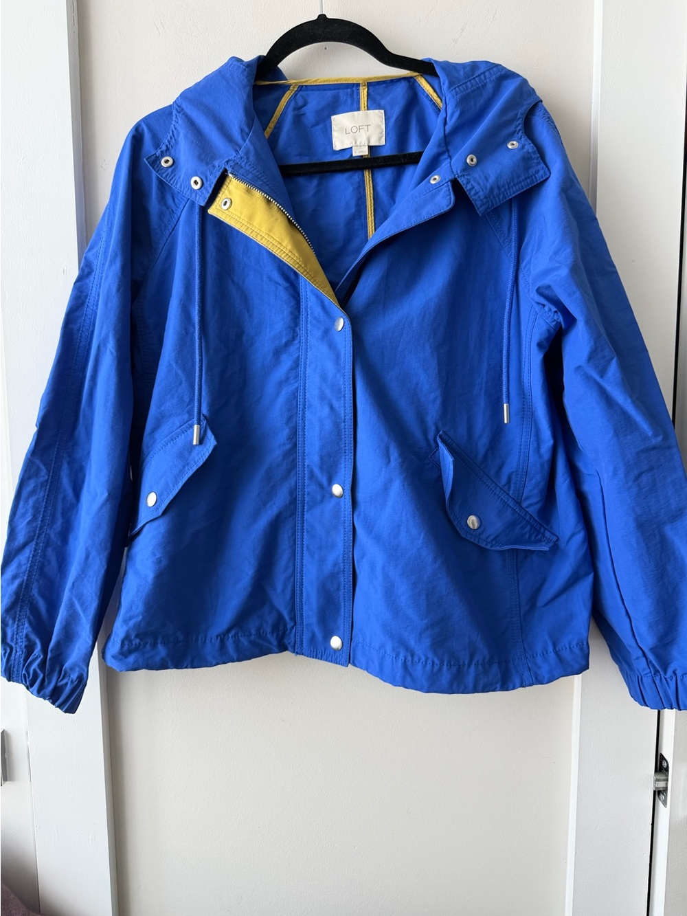 LOFT Hooded Royal Blue Rain Jacket with Yellow Trim